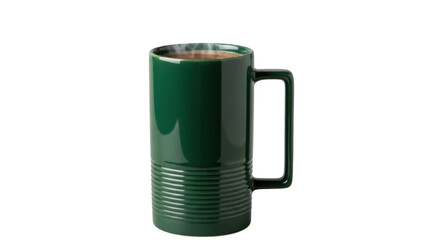 Tall green mug with coffee isolated PNG, ceramic cup with handle for hot beverage on transparent...