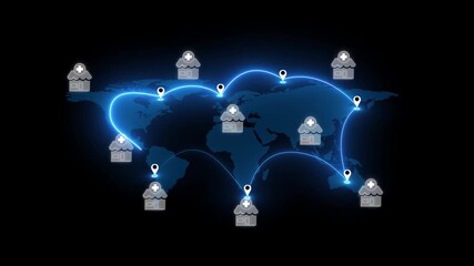 Global franchise business concept, companies that expand internationally by licensing their business model and brand to local entrepreneurs, known as franchisees. Animated franchise icons on world map - Powered by Adobe