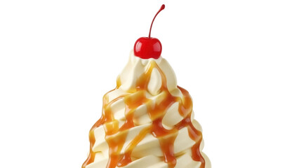 Delicious soft serve ice cream with caramel and cherry isolated PNG, sweet dessert on transparent...