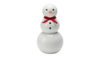 Adorable snowman isolated PNG on transparent background, festive winter holiday decoration with red ribbon and cute face for seasonal designs