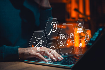 Problem solving strategy in business and technology with a person working on laptop, surrounded by icons for solution finding, troubleshooting, analysis, and critical thinking in a digital environment