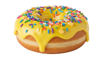 Delicious donut with yellow frosting and colorful sprinkles isolated PNG, sweet treat for bakery and dessert concepts