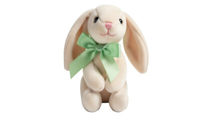 Adorable plush bunny with green bow isolated PNG, cute stuffed animal for Easter and spring themed designs on transparent background