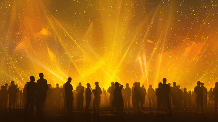 Happy New Year 2025 celebration with a yellow laser show party. Luxury entertainment featuring crowd silhouettes, marking the turn of the year with a premium nightlife event during the holiday season.