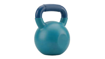 Teal kettlebell isolated PNG on transparent background, fitness equipment for strength training and full body workouts at home or gym