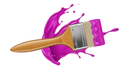 Paint brush with purple paint splash isolated PNG on transparent background, creative design element for artistic projects and decoration