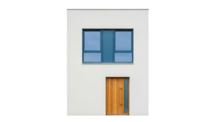 Modern house facade with wooden door and blue window isolated PNG, contemporary architecture with clean lines and minimalist design for real estate