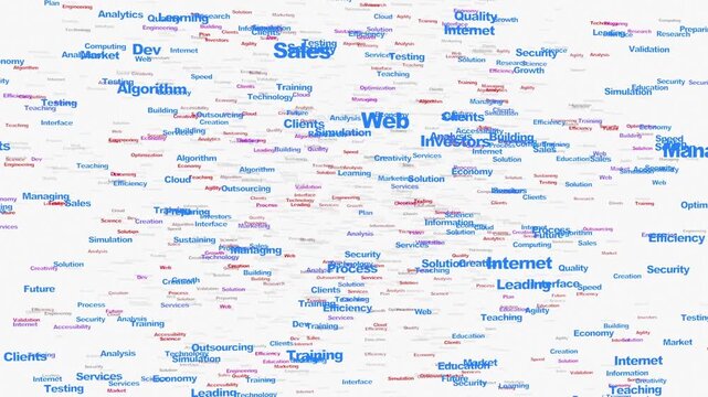 3d animated cloud of business, development, marketing and computer engineering related tags and buzzwords revolving around itself. Lots of random blue, red and black words on white background. 