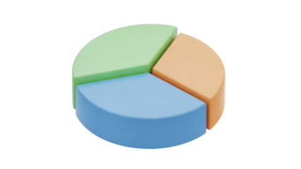 Pie chart with three colorful sections isolated PNG, business data visualization for presentations and infographics on transparent background