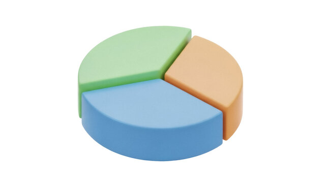 Pie chart with three colorful sections isolated PNG, business data visualization for presentations and infographics on transparent background