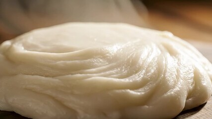 A closeup view of freshly prepared smooth and pliable white dough showcasing its soft texture and readiness for baking delicious homemade bread pizza or pastries highlighting the essential ingredient.