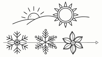 Line Art Weather and Seasons Icons with Sun, Snowflakes, and Flower