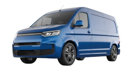 Blue delivery van PNG isolated on transparent background, commercial vehicle for transportation and logistics services