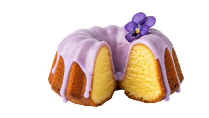 Delicious bundt cake with purple glaze and violet flower isolated PNG, sweet dessert for celebration and special occasions on transparent background