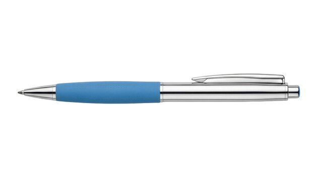 Blue and silver ballpoint pen isolated PNG on transparent background, modern writing instrument for office and school use