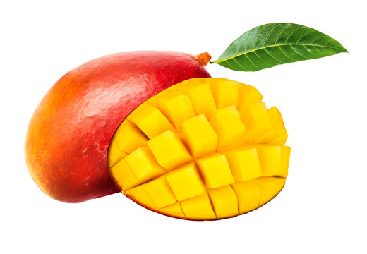 Fresh ripe red mango with green leaf and yellow diced flesh hedgehog style isolated on transparent background