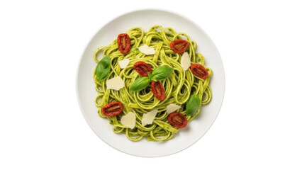 Delicious linguine pasta with pesto sauce isolated on transparent background, Italian dish with tomatoes and basil leaves PNG