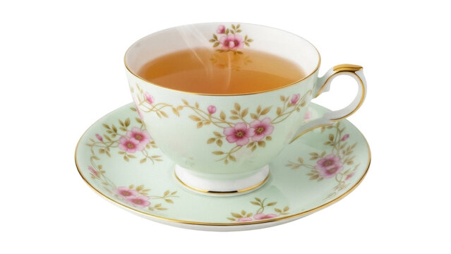 Elegant teacup with tea isolated PNG on transparent background, vintage floral china for afternoon tea and special occasions