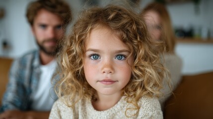 An adorable curly-haired girl with bright blue eyes gazes directly at the camera, with family members subtly blurred in the background, conveying innocence and warmth.