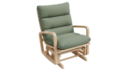 Comfortable glider chair PNG isolated on transparent background, light wood frame with soft green cushions for nursery or living room