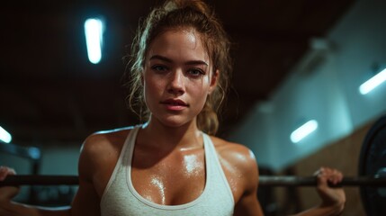 A determined young woman lifts weights in a gym, showcasing strength and resilience, embodying the spirit of fitness and motivation in her intense workout session.