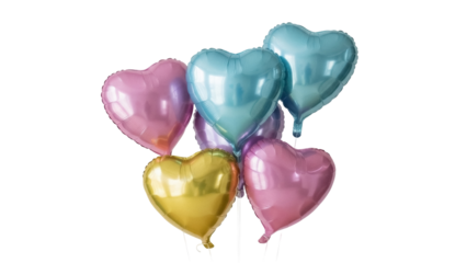 Heart-shaped foil balloons PNG isolated, colorful metallic party decorations for birthday celebration and Valentine s Day design