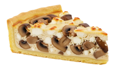 Delicious mushroom and cheese quiche slice isolated PNG, savory pie with creamy filling on transparent background, gourmet food for restaurant menu