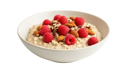 Bowl of oatmeal with raspberries and almonds isolated PNG, healthy breakfast porridge on transparent background for food design use
