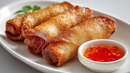 Crispy spring rolls served with a sweet and spicy dipping sauce, showcasing golden-brown perfection and an appetizing presentation.