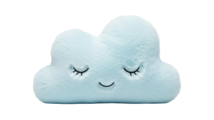 Light blue cloud plush toy PNG isolated on transparent background, soft stuffed pillow with cute smiling face for baby room decor