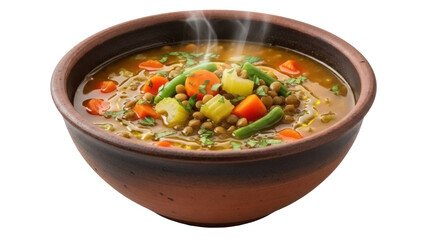 Hearty lentil soup in a rustic bowl isolated PNG, delicious and nutritious vegetarian meal with...