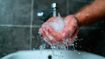 Fototapeta premium A close-up of a man washing hands with soap, droplets of water splashing as a representation of hygiene and cleanliness, emphasizing personal care and health.