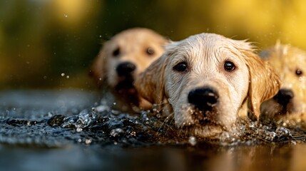 A trio of adorable golden retriever puppies joyfully swims together in sparkling water, embodying innocence and playfulness in a natural setting.