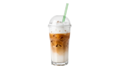 Iced latte with straw isolated PNG, refreshing coffee drink with milk and ice on transparent background, summer beverage for cafe menu
