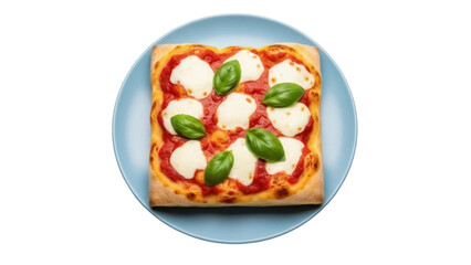 Square margherita pizza with basil leaves isolated on a blue plate PNG, classic Italian cuisine for restaurant menu