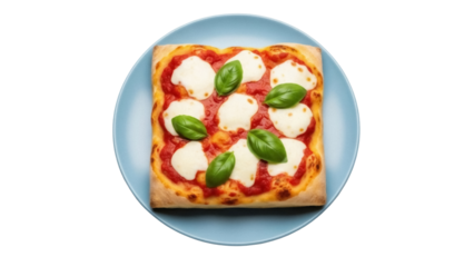 Square margherita pizza with basil leaves isolated on a blue plate PNG, classic Italian cuisine for restaurant menu