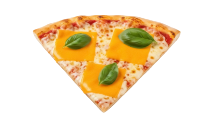 Delicious pizza slice with basil and cheddar isolated PNG, appetizing fast food on transparent background for restaurant menu and food blog