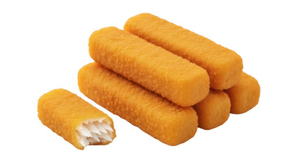 Golden crispy fish fingers isolated PNG on transparent background, delicious breaded seafood sticks for fast food and snack