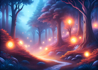 Obraz premium Magical forest pathway illuminated by glowing orbs at twilight 
