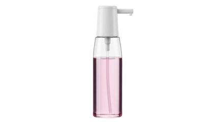 Pink liquid soap dispenser isolated PNG on transparent background, hand sanitizer bottle for hygiene and personal care