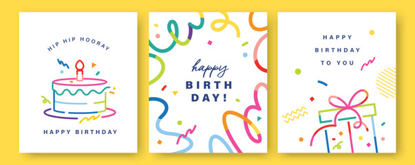 Set of Happy Birthday greeting card, invitation card, poster, cover, vector illustration with birthday cake, confetti in colorful minimalist lines.