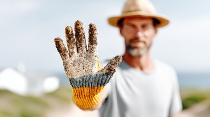 A proud gardener stands outdoors, displaying his dirty gardening gloves, symbolizing hard work and dedication in nurturing and caring for plants and the environment.