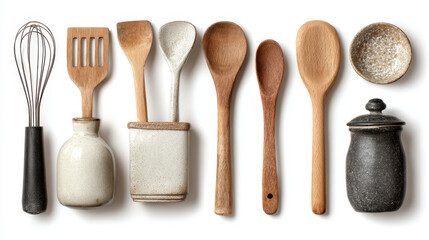 Set of vintage ceramic kitchen tools retro cooking equipment isolated on a white background. Panoramic wide-view collage.
