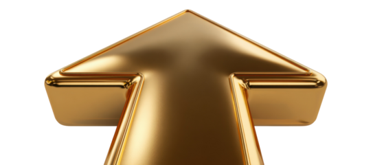 Shiny gold arrow pointing upwards on black background
