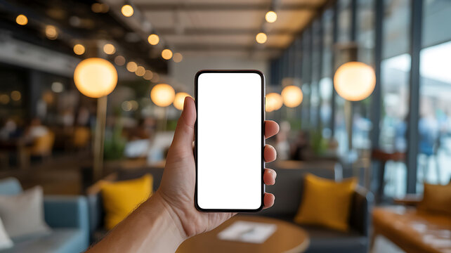hand holding smartphone with blank white screen mockup in a modern cafe restaurant interior for food delivery app and social media marketing concept with blurred background