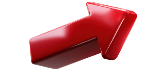Glossy red 3d arrow pointing upward signifying growth and direction