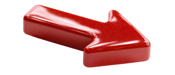 Glossy red 3d arrow pointing right on transparent background