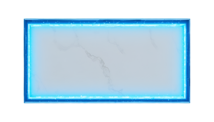 Glowing blue neon light frame on black background with white marble