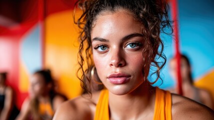 A close-up portrait of a young woman showcasing her bright blue eyes and curly hair, set against a vibrant and colorful backdrop, portraying youth and vitality.