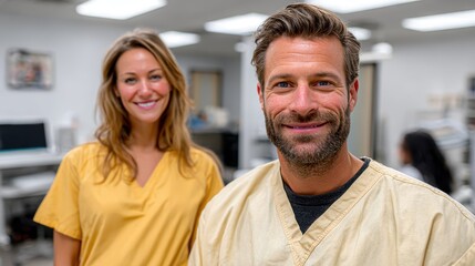 This image showcases two healthcare professionals, a smiling man and woman, dressed in scrubs inside a bright clinic environment, emphasizing teamwork and care.
